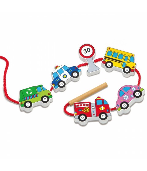 „Viga“ mediniai susipynę siūlai, suvarstomi Montessori automobiliai