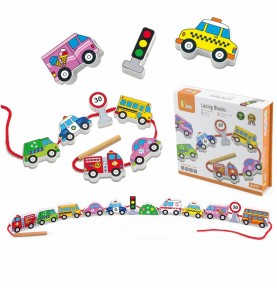 „Viga“ mediniai susipynę siūlai, suvarstomi Montessori automobiliai