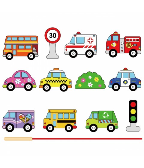 „Viga“ mediniai susipynę siūlai, suvarstomi Montessori automobiliai