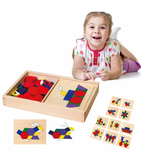 VIGA mediniai geometriniai mozaikiniai Dienes kaladėlės Montessori loginė dėlionė, 148 detalės