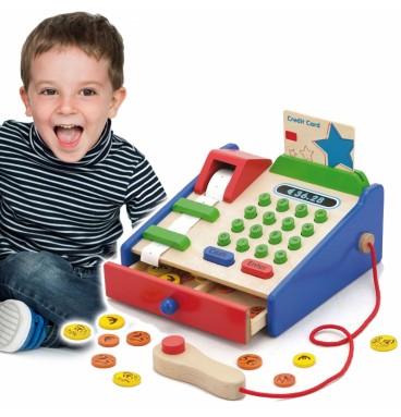 VIGA medinis kasos aparatas su Montessori skaitytuvo priedais