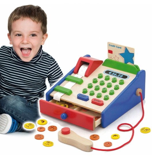 VIGA medinis kasos aparatas su Montessori skaitytuvo priedais