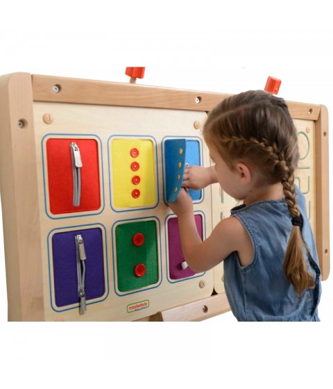 MASTERKIDZ Montessori sieninė lenta su atidarymo ir uždarymo spynomis, slankikliais ir mygtukais