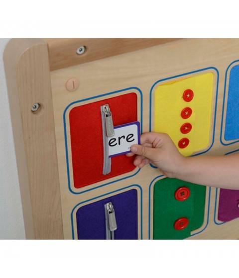 MASTERKIDZ Montessori sieninė lenta su atidarymo ir uždarymo spynomis, slankikliais ir mygtukais