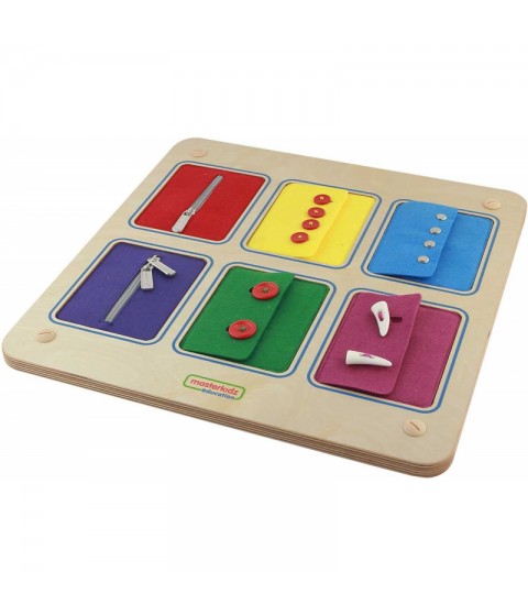 MASTERKIDZ Montessori sieninė lenta su atidarymo ir uždarymo spynomis, slankikliais ir mygtukais