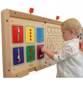 MASTERKIDZ Montessori sieninė lenta su atidarymo ir uždarymo spynomis, slankikliais ir mygtukais