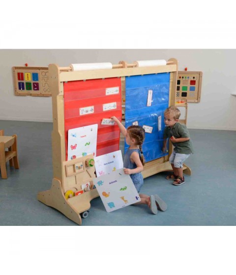 MASTERKIDZ Audinio pakabinimo paklodė su kišenėmis knygoms ir paveikslėliams, mėlyna