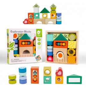 CLASSIC WORLD Mediniai sensoriniai kaladėlės, 7 funkcijos, daugiafunkcinė dėlionė, formos, garsas, MONTESSORI, 14 vnt.