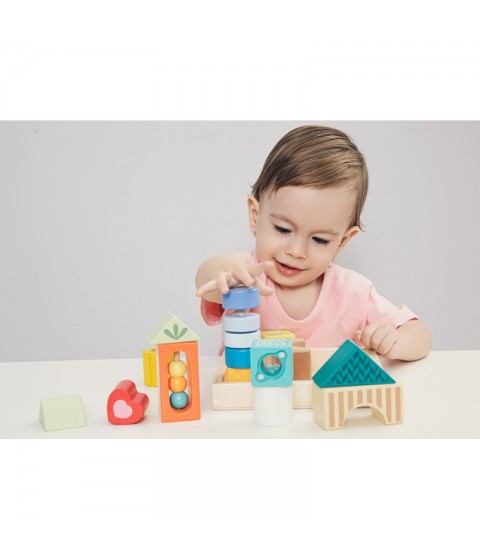 CLASSIC WORLD Mediniai sensoriniai kaladėlės, 7 funkcijos, daugiafunkcinė dėlionė, formos, garsas, MONTESSORI, 14 vnt.