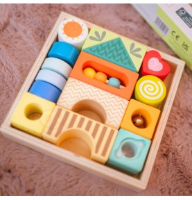 CLASSIC WORLD Mediniai sensoriniai kaladėlės, 7 funkcijos, daugiafunkcinė dėlionė, formos, garsas, MONTESSORI, 14 vnt.