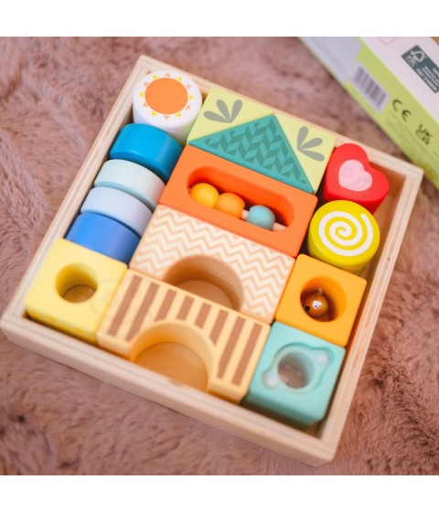 CLASSIC WORLD Mediniai sensoriniai kaladėlės, 7 funkcijos, daugiafunkcinė dėlionė, formos, garsas, MONTESSORI, 14 vnt.
