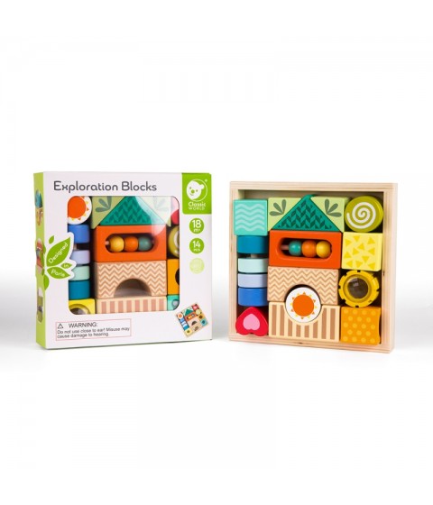 CLASSIC WORLD Mediniai sensoriniai kaladėlės, 7 funkcijos, daugiafunkcinė dėlionė, formos, garsas, MONTESSORI, 14 vnt.