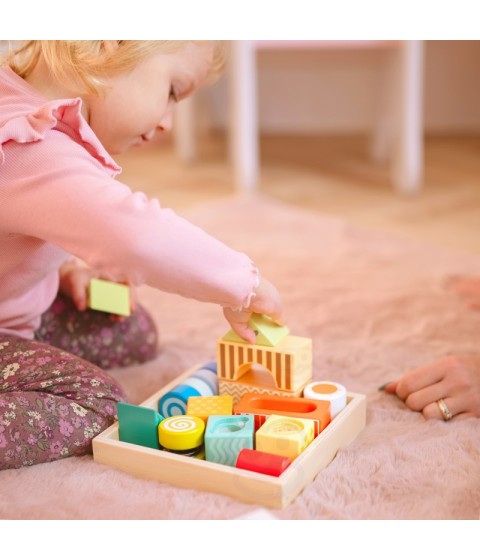 CLASSIC WORLD Mediniai sensoriniai kaladėlės, 7 funkcijos, daugiafunkcinė dėlionė, formos, garsas, MONTESSORI, 14 vnt.